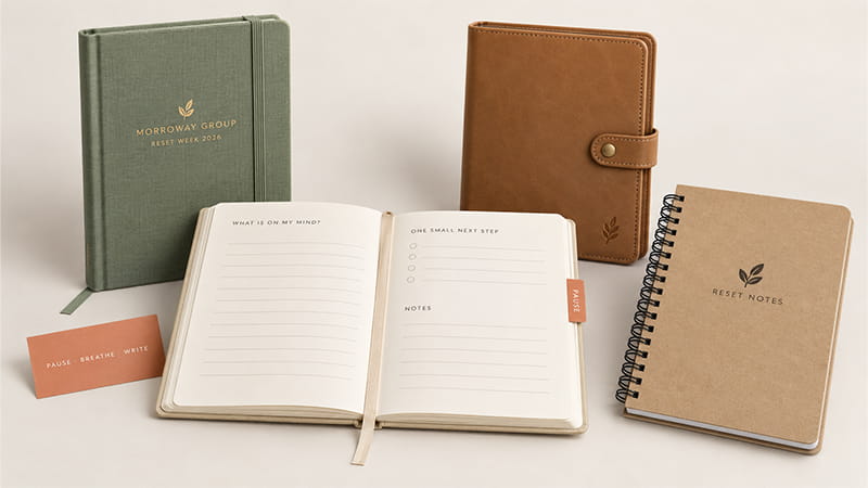 Guided journals and notebooks with different bindings and page formats for reflection, planning, and screen-free breaks.