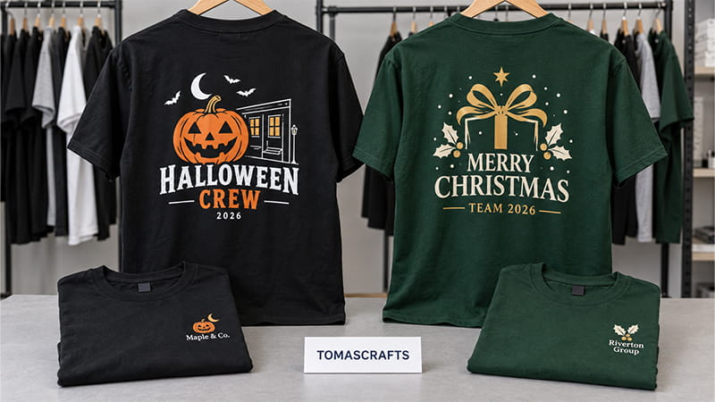 Halloween and Christmas T-shirt designs with seasonal graphics, typography, and coordinated front and back prints.