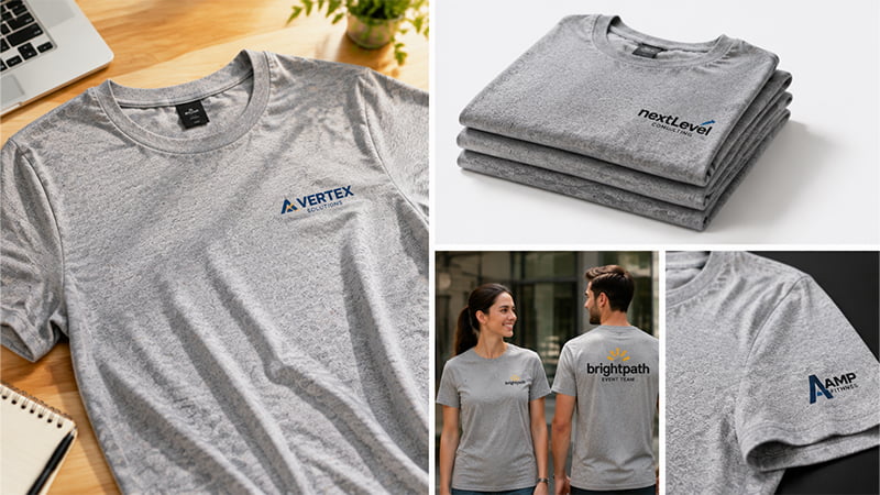 Heather gray custom T-shirts shown flat, folded, and worn as casual company apparel