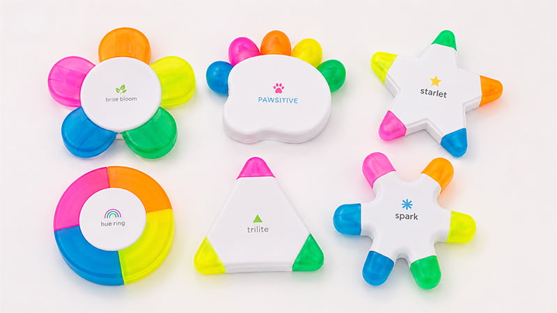 Multicolor highlighter pen shaped like a flower, paw, star, circle, and triangle