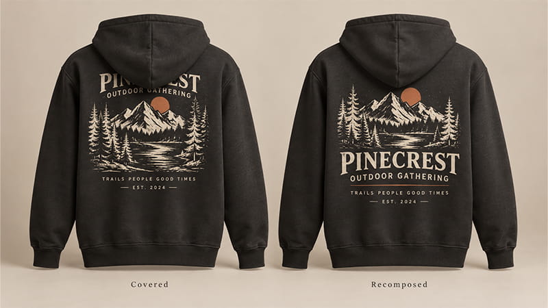 Full-back hoodie design comparison showing how artwork composition can reduce hood coverage over important text.