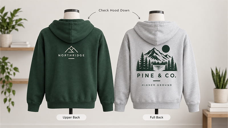 Hoodies showing upper-back and full-back logo placement, with the hood down to demonstrate how artwork visibility changes.
