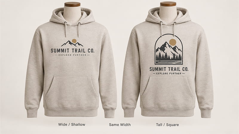 Wide, shallow logo centered across the chest of a pullover hoodie above the kangaroo pocket.