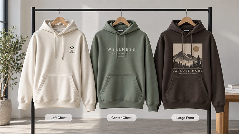 Comparison of front logo placement on pullover hoodies, showing left-chest, center-chest, and large-front design positions.