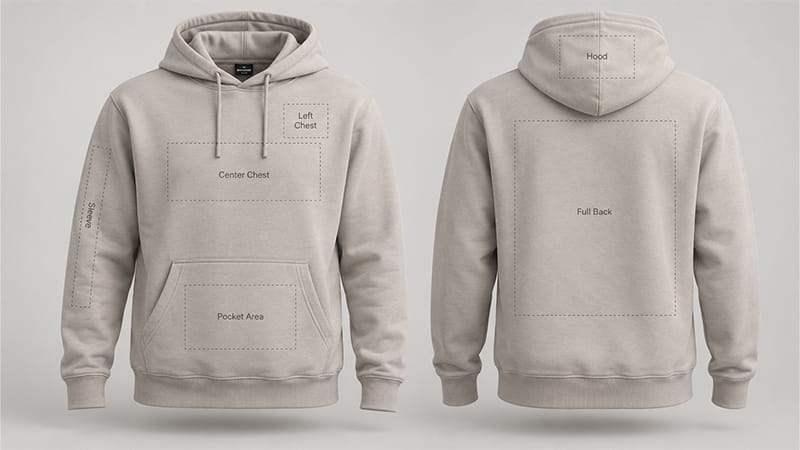 Hoodie logo placement areas marked on the left chest, center chest, sleeve, and kangaroo pocket.