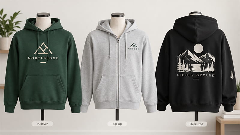 Three custom hoodies showing different logo placements, including a centered front logo, left-chest logo on a zip-up, and large back graphic.