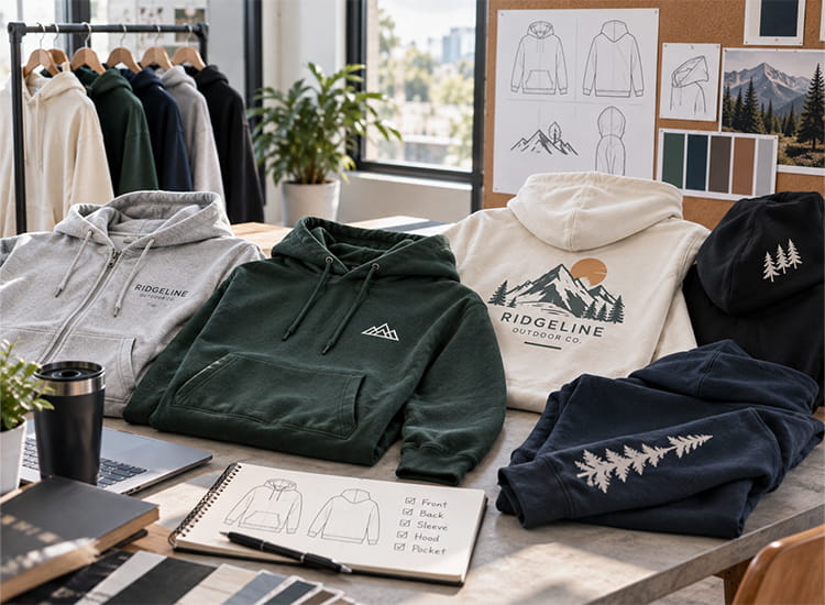 Custom hoodies showing front, back, sleeve, hood, and pocket logo placement options during artwork planning.