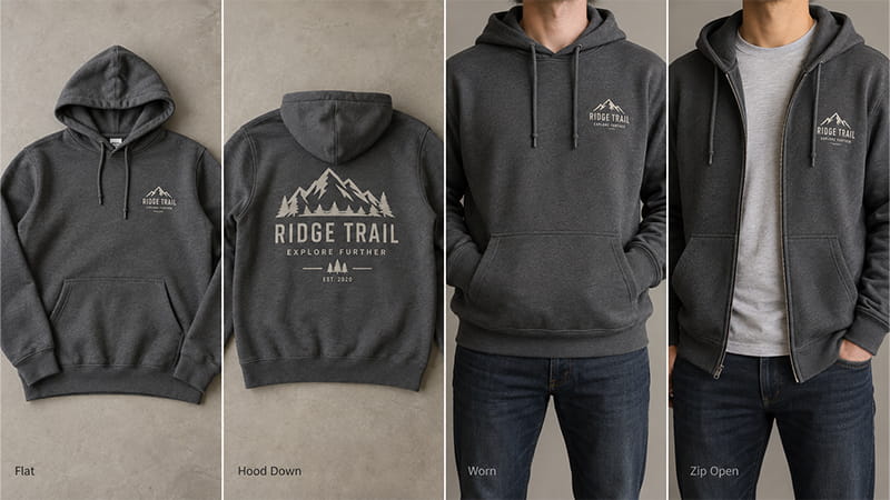 Custom hoodie logo placement checked flat, with the hood down, worn, and zip open to review chest balance, back visibility, and garment construction before production.