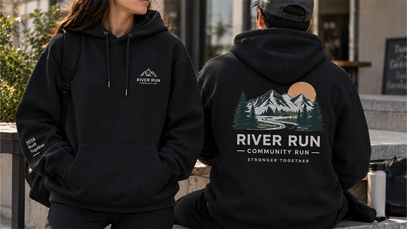 Custom hoodie using multiple logo placements with a large back graphic, small chest logo, and sleeve text arranged in a clear visual hierarchy.