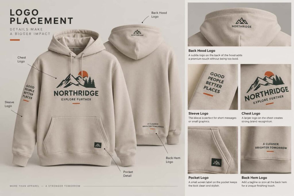 Hoodie placement guide showing sleeve, hood, pocket, chest, and back-hem logo examples, with sleeve, hood, and pocket used as secondary positions for simple brand details.
