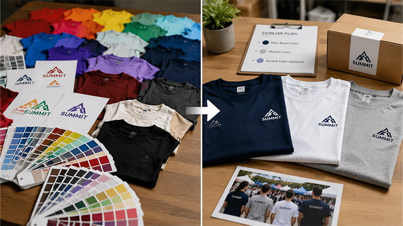 A large T-shirt color assortment compared with a focused four-color branded apparel palette
