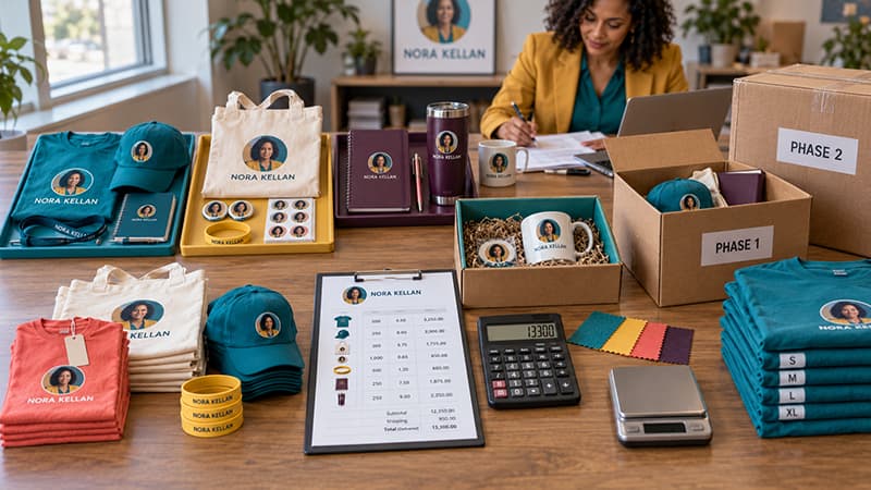 Campaign team comparing political merchandise samples, delivered costs, size distribution, and phased production orders.
