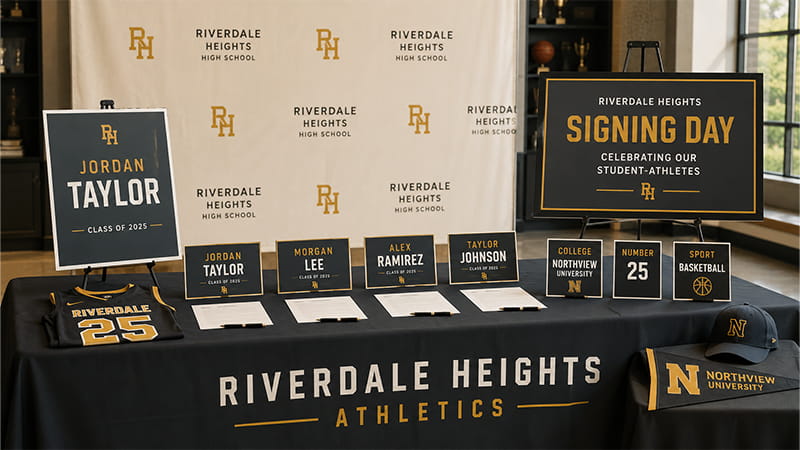 Interchangeable Signing Day signs identify athlete names, colleges, jersey numbers, and sports beneath a shared school backdrop