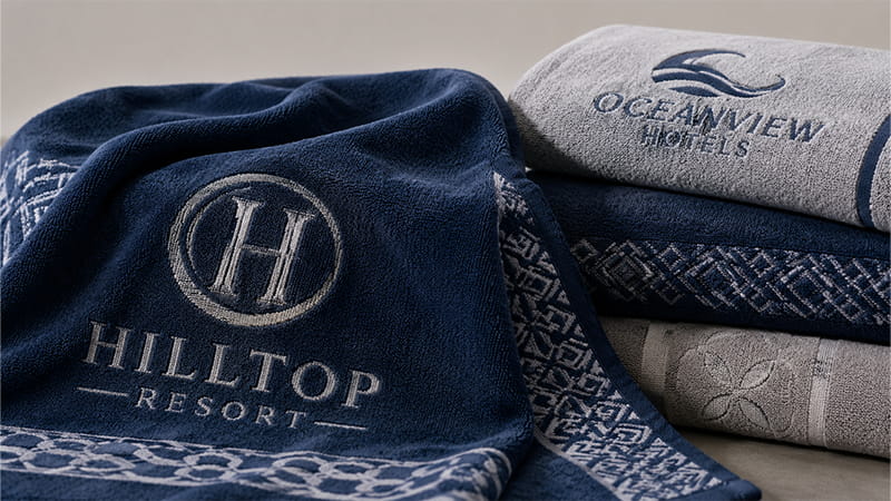 Jacquard hotel towels with woven patterns and decorative borders
