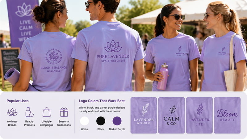 A group wearing lavender branded T-shirts with white, black, and purple logo examples