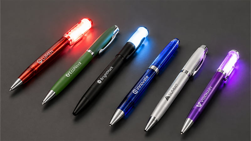 LED pens with red, blue, and purple illuminated caps