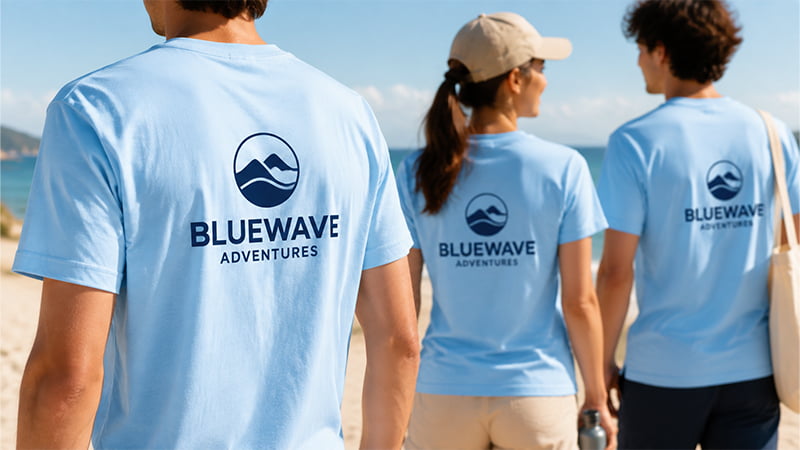 People wearing light blue branded T-shirts outdoors for a travel or summer campaign