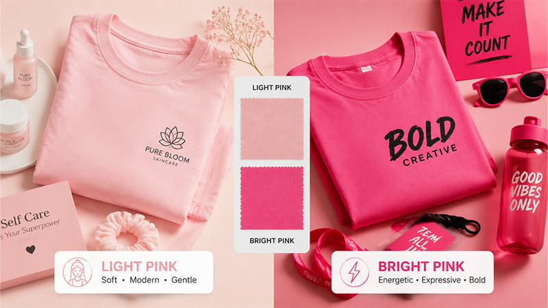 Light pink and bright pink T-shirts with contrasting logos for beauty and creative brands