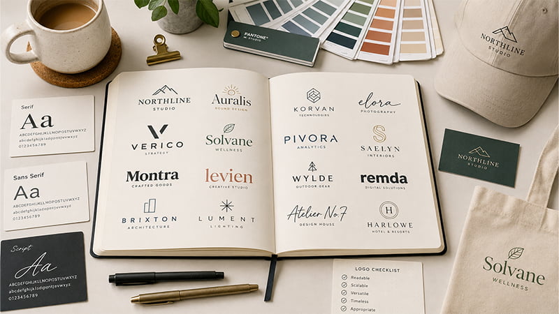 Logo font selection workspace with typography samples and branded product mockups
