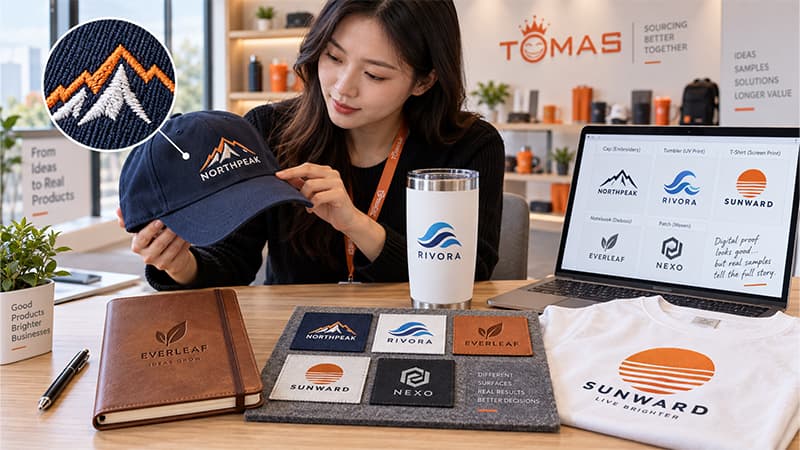 Custom promotional gift supplier showing real logo decoration methods on caps, tumblers, notebooks, and apparel samples