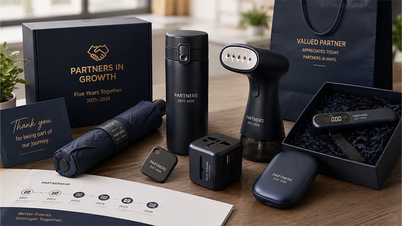 Practical appreciation gifts for long-term business partners, including travel and everyday work accessories.