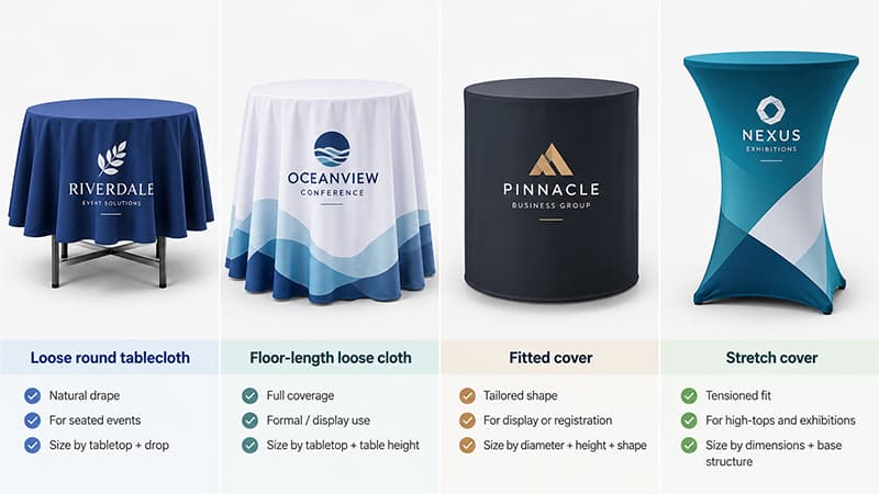 Comparison of loose round, floor-length, fitted, and stretch table covers showing their different shapes and coverage.