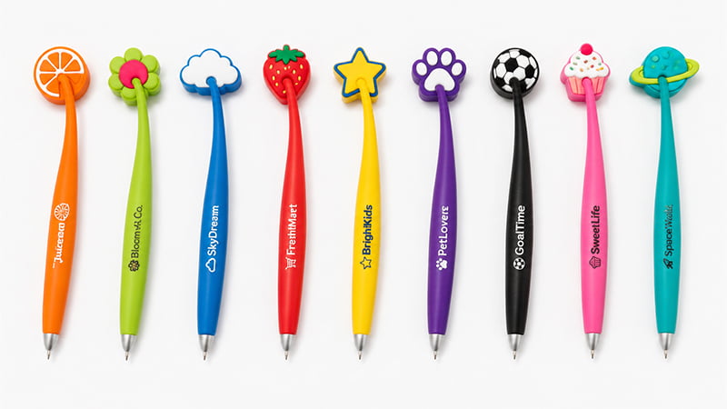 Magnetic novelty pens topped with fruit, flowers, animals, sports, desserts, and planets