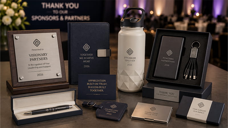 Premium appreciation gifts for major sponsors including an award plaque, notebook, drinkware, pen, and business accessories.