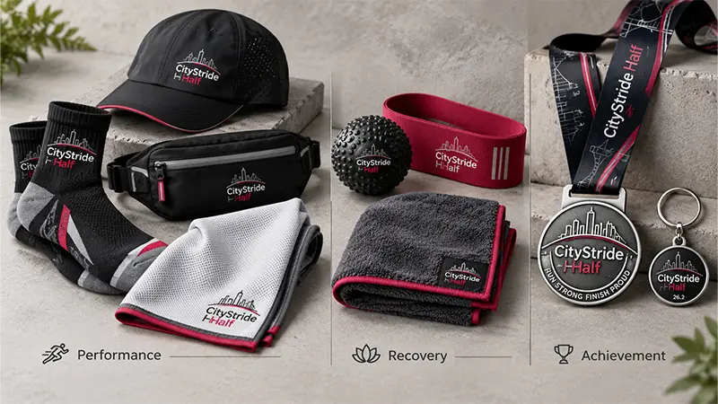Marathon race swag products including performance apparel, recovery items, and finisher merchandise