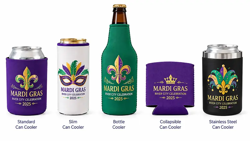 Mardi Gras can coolers in standard, slim, bottle, collapsible, and stainless steel styles with themed event designs.