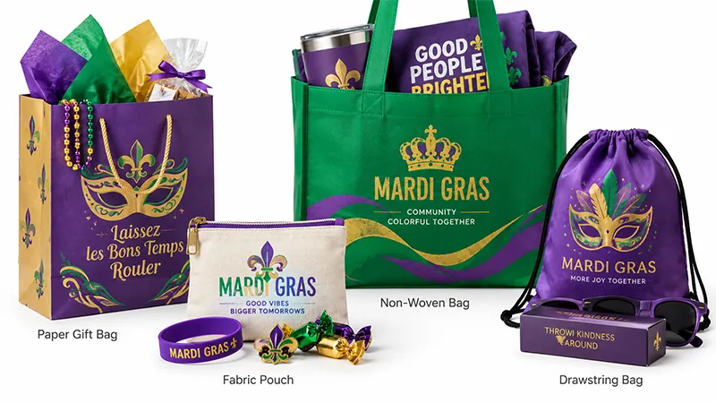 Mardi Gras gift packaging including a paper gift bag, non-woven tote, fabric pouch, and drawstring bag arranged with themed favors.