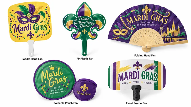 Mardi Gras hand fans in paddle, plastic, folding, pouch, and promotional styles with purple, green, and gold artwork.