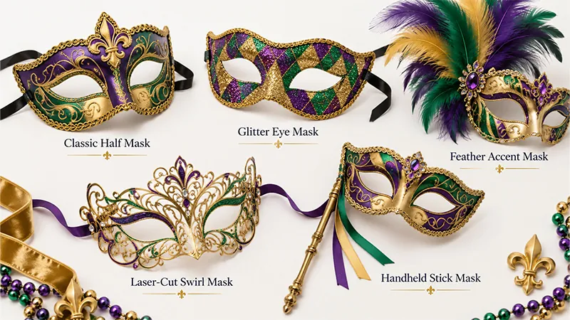 Mardi Gras masquerade masks in coordinated purple, green, and gold designs, including glitter, feathered, laser-cut, and handheld styles.