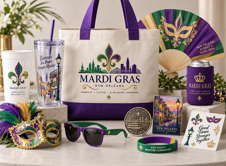 Mardi Gras party favors including a tote bag, reusable cup, hand fan, can cooler, masquerade mask, sunglasses, commemorative token, wristband, and sticker card in purple, green, and gold.