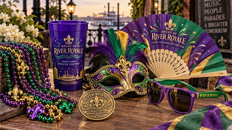 Mardi Gras party favors including bead necklaces, a masquerade mask, reusable cup, hand fan, sunglasses, and commemorative token in purple, green, and gold.