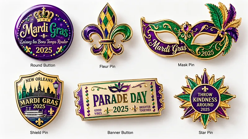 Mardi Gras pins and buttons featuring crown, fleur-de-lis, mask, shield, parade, and star-shaped event designs.