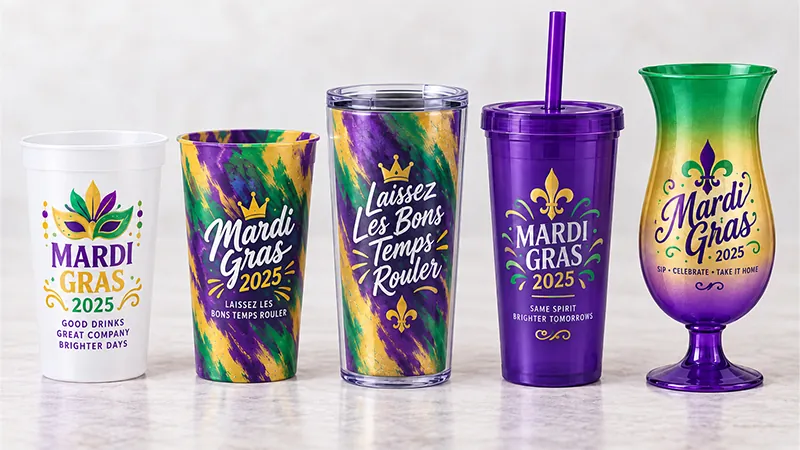 Reusable Mardi Gras cups and tumblers in several styles with purple, green, gold, and New Orleans-themed event graphics.
