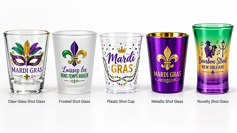 Mardi Gras shot glasses in clear, frosted, plastic, metallic, and colorful novelty styles with themed graphics.