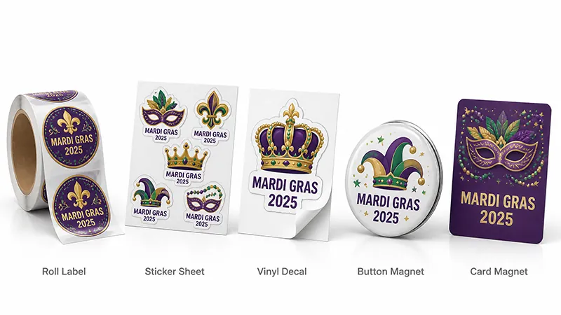 Mardi Gras stickers and magnets shown as roll labels, sticker sheets, vinyl decals, button magnets, and rectangular magnets.