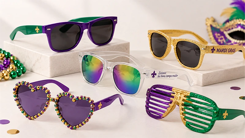 Mardi Gras sunglasses in purple, green, gold, and multicolor styles, including classic, heart-shaped, mirrored, and shutter frames.