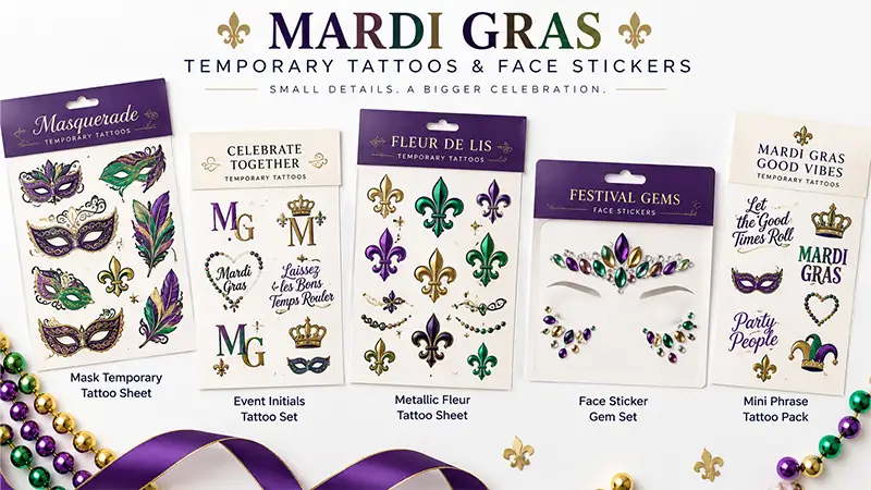 Mardi Gras temporary tattoos and face stickers featuring masks, fleur-de-lis symbols, event initials, face gems, and short phrases.