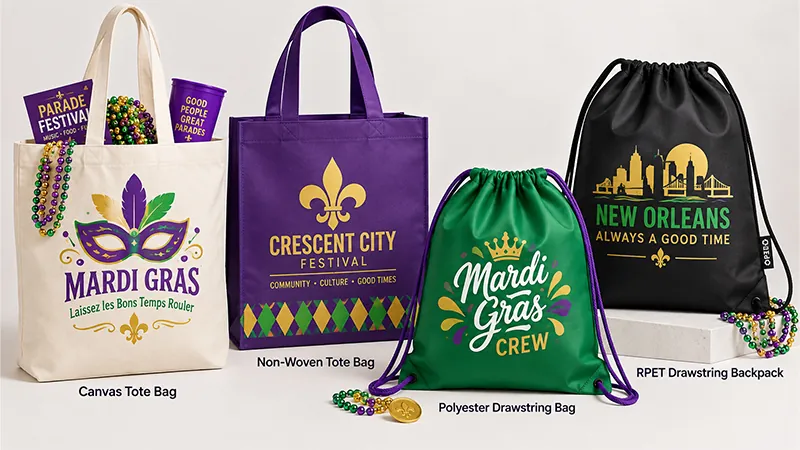 Mardi Gras bags including a canvas tote, non-woven tote, polyester drawstring bag, and RPET drawstring backpack with event graphics.