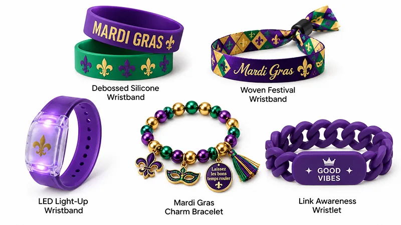 Mardi Gras wristwear including silicone and woven wristbands, an LED light-up band, charm bracelet, and decorative wristlet.