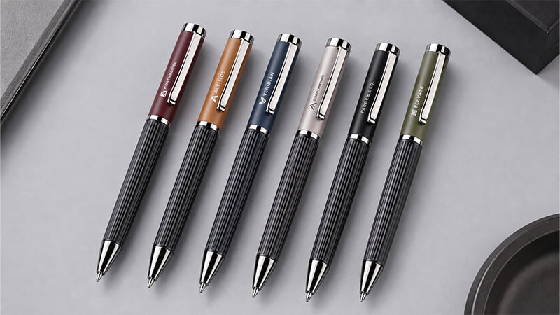 Metal ballpoint pens with colored barrels, black grips, and silver trim