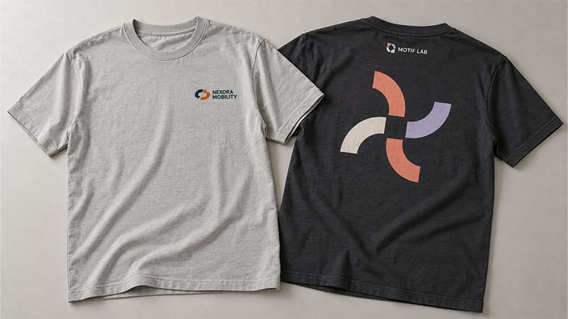 Minimal logo T-shirt design with a small left-chest brand mark and clean spacing.