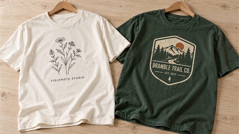 Minimalist line art T-shirt design with a simple botanical illustration.