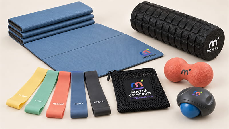 Movement break gifts including a yoga mat, resistance bands, foam roller, massage ball, and recovery accessories.