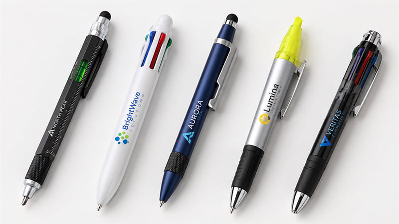 Five multi-function pen styles with a stylus, ruler, spirit level, multicolor ink, or highlighter