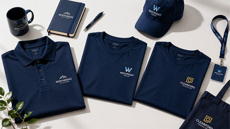 Navy blue polo shirts and T-shirts with white and gold logos for company uniforms