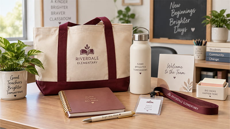 New teacher welcome gifts with a tote bag, notebook, water bottle, lanyard, ID badge, and welcome card.